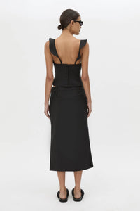Back view CAMILLA AND MARC Chiaro Tailored Top in black with fluted ruffle straps.