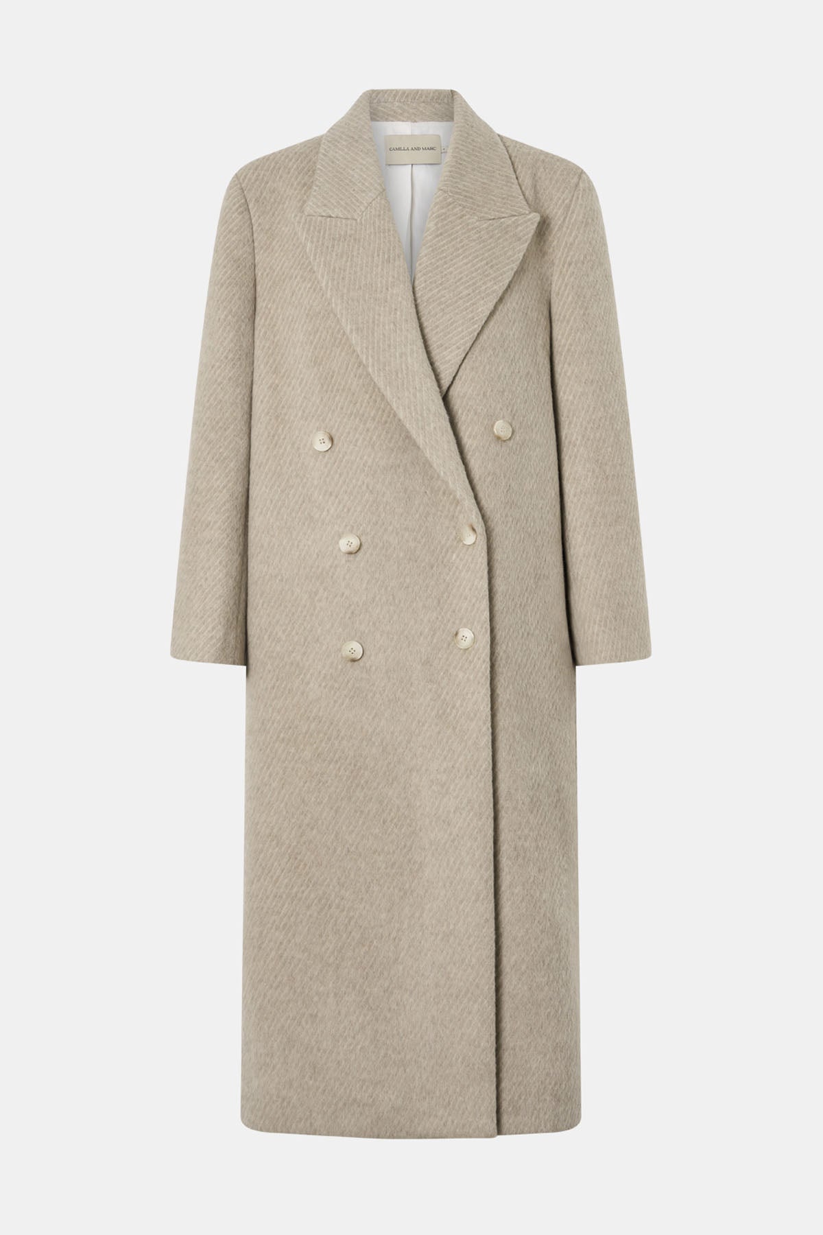 Ghost view CAMILLA AND MARC Ciro Coat in Beige with detachable scarf, crafted from 100% Australian wool. 