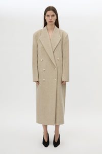 Front styled view CAMILLA AND MARC Ciro Coat in Beige with detachable scarf, crafted from 100% Australian wool. 
