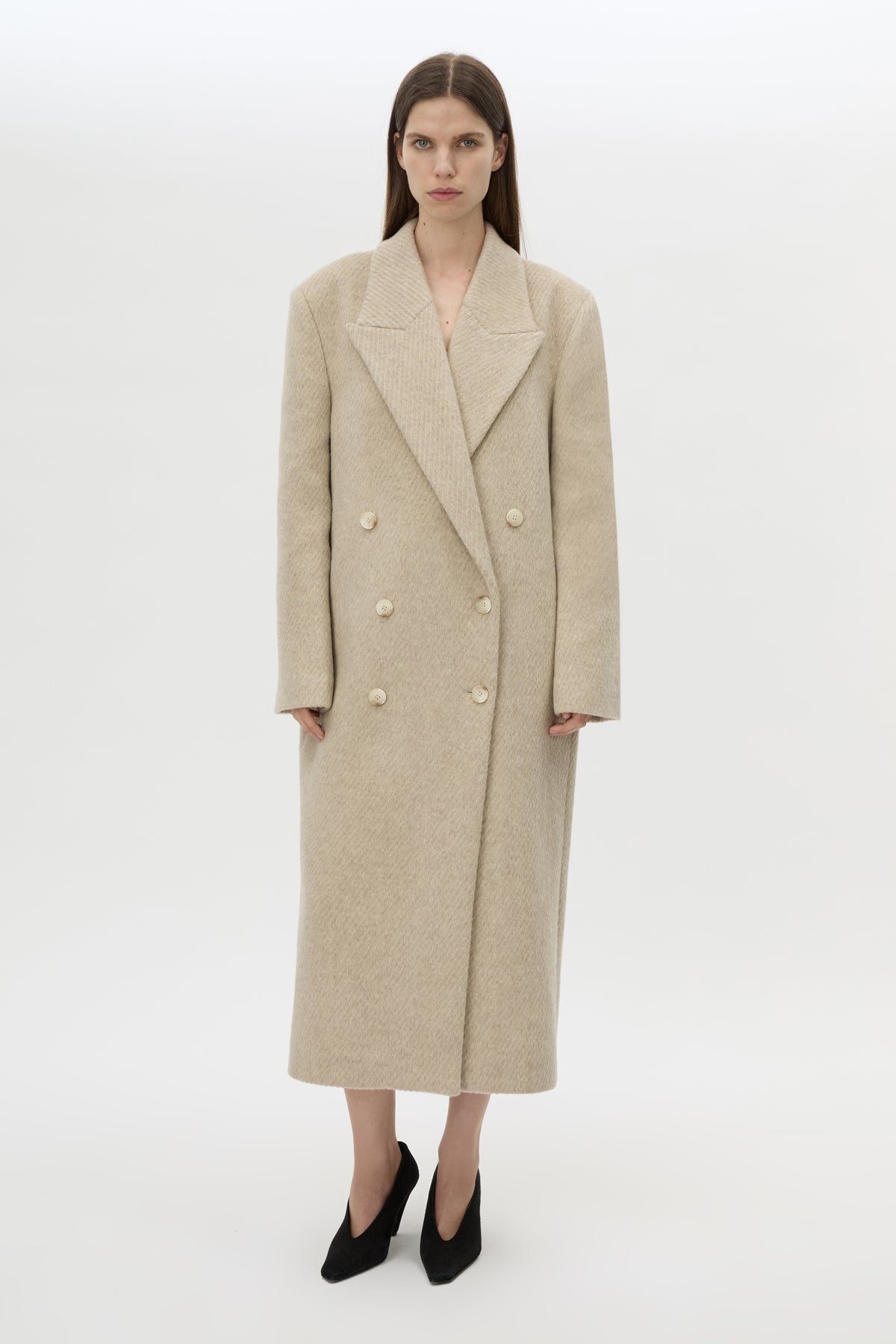Front view CAMILLA AND MARC Ciro Coat in Beige styled without scarf.