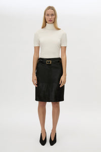 Front view CAMILLA AND MARC Contour Leather Skirt in Black styled with the Dakota Elbow Sleeve Top.