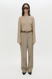 Front view CAMILLA AND MARC Dakota long sleeve relaxed top in taupe with crew neckline and semi sheer fabrication.