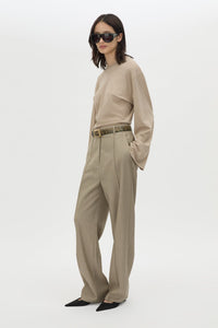 3/4 view CAMILLA AND MARC Dakota long sleeve relaxed top in taupe with crew neckline and semi sheer fabrication.