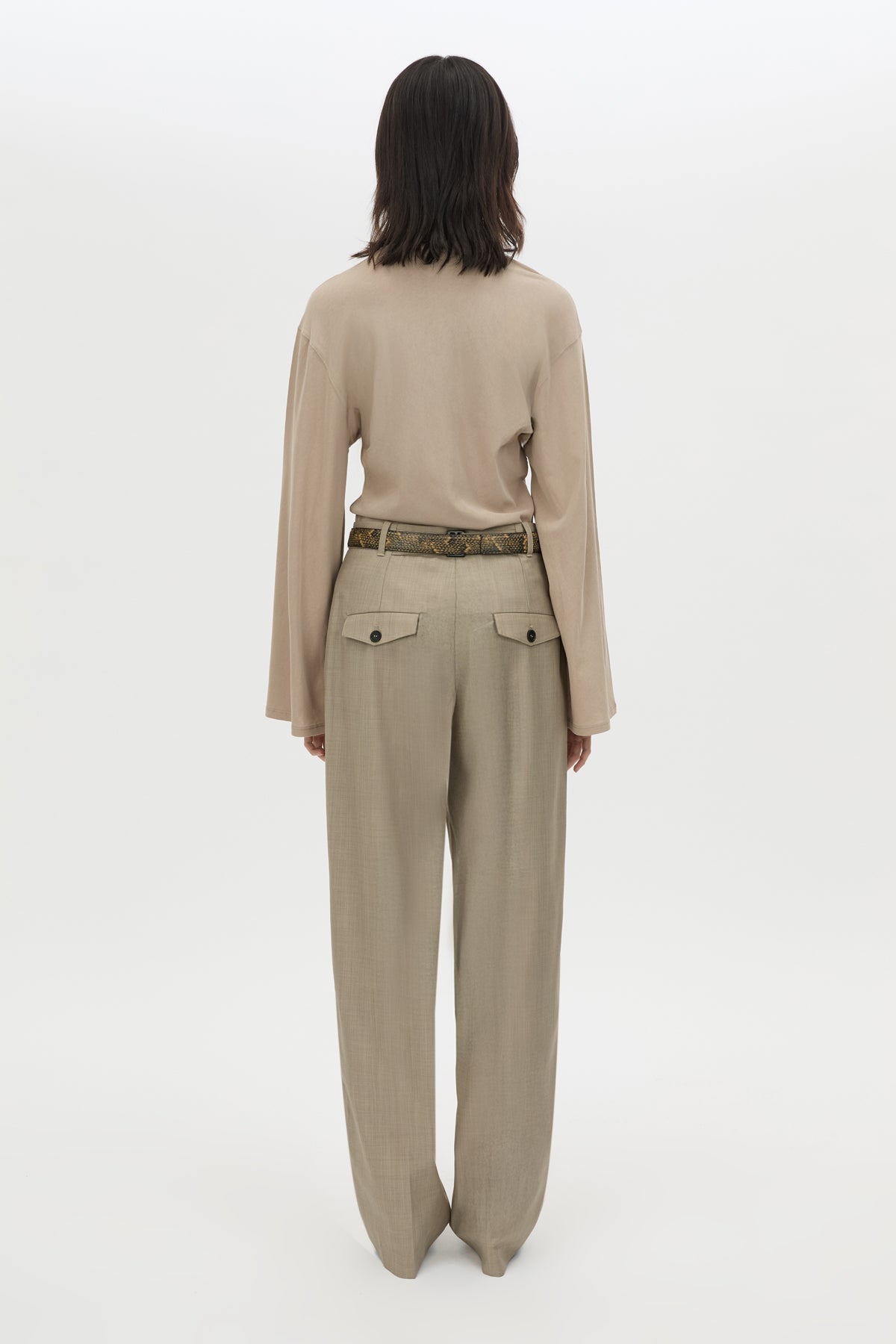 Back view CAMILLA AND MARC Dakota long sleeve relaxed top in taupe with crew neckline and semi sheer fabrication.