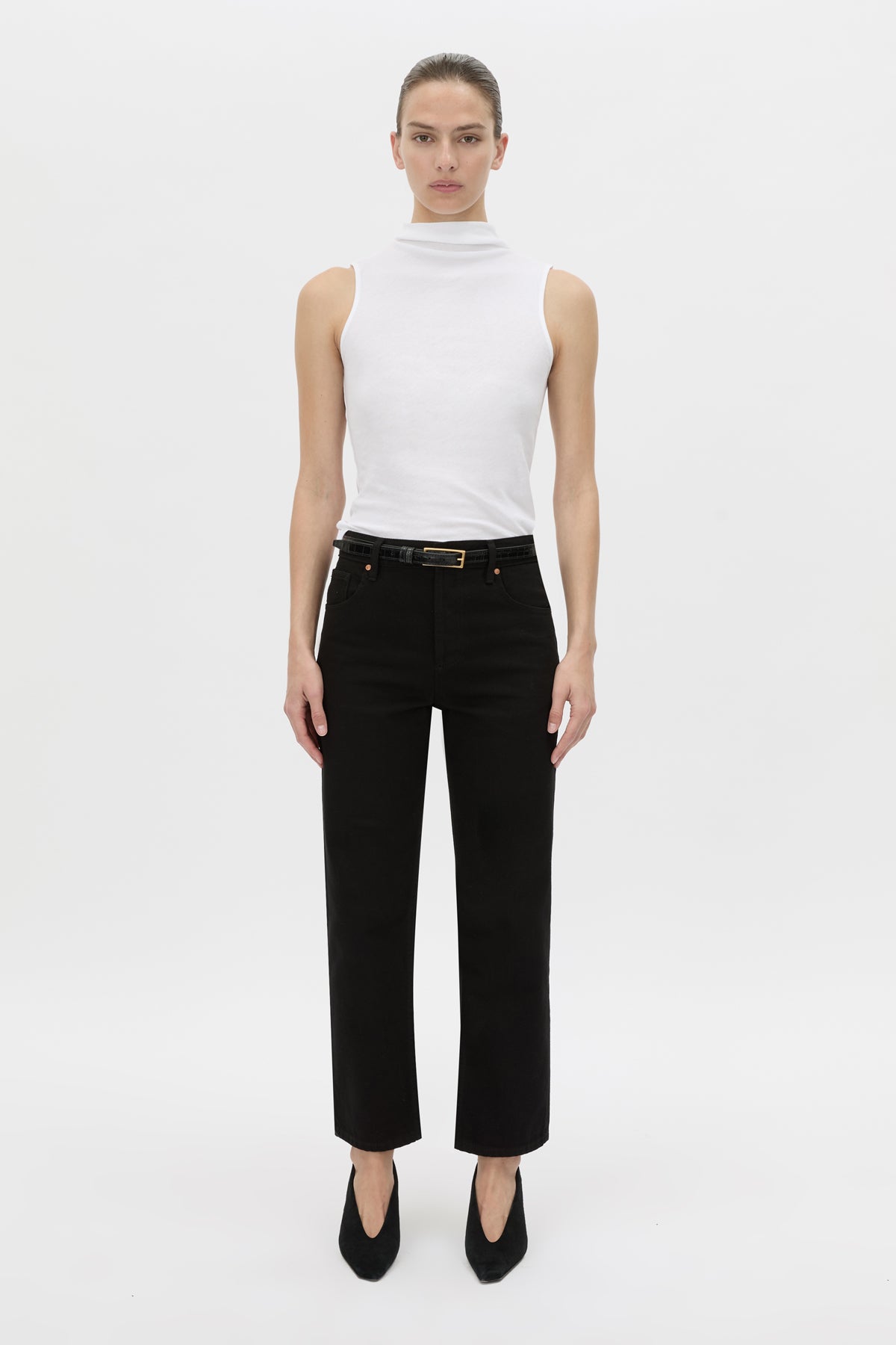 Front view CAMILLA AND MARC fitted Dakota Sleeveless High Neck Top in soft white.