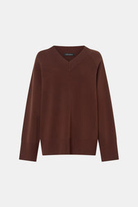 Ghost View CAMILLA AND MARC Donatello Knit Sweater in espresso brown with V neck and knit fabric.
