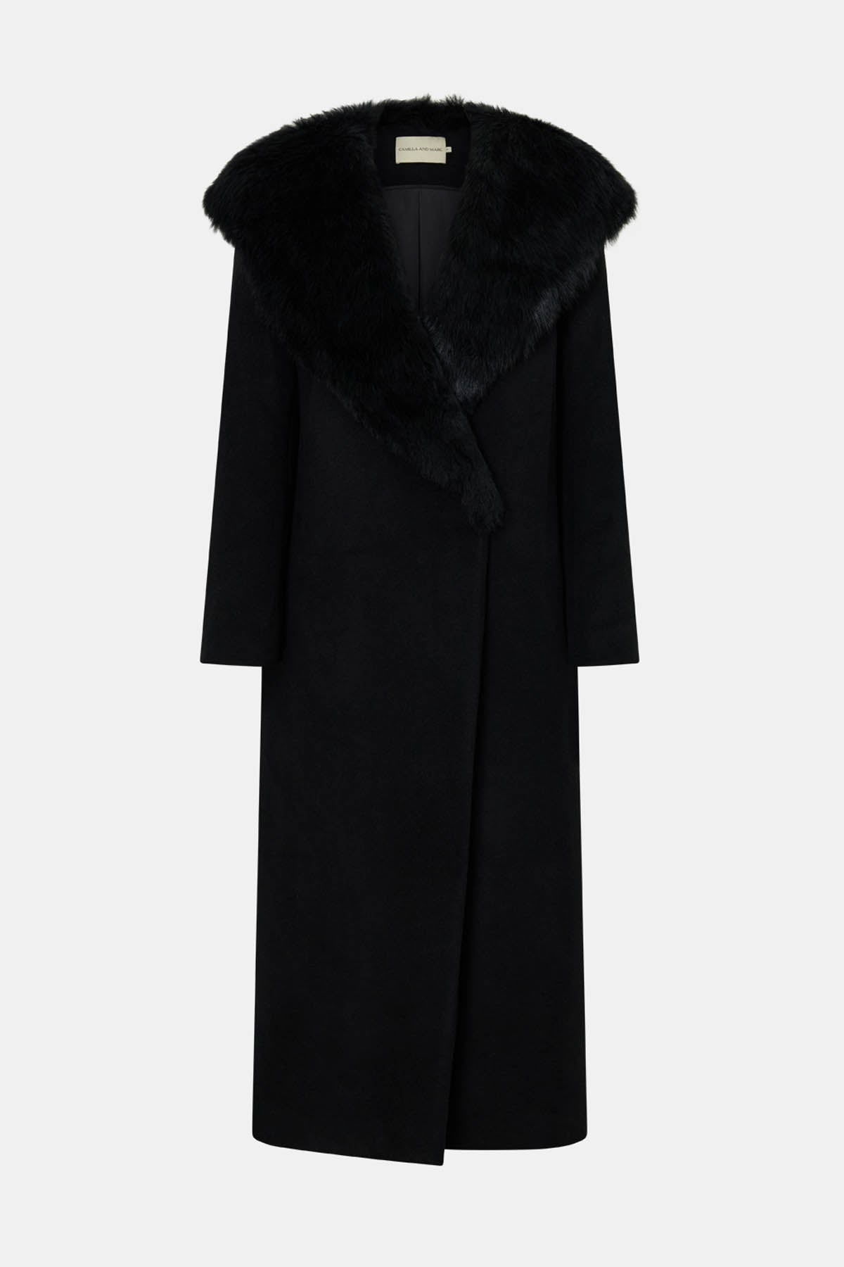 Ghost view CAMILLA AND MARC Elira Double-Breasted Coat in black with contrast Toscana shearling collar.
