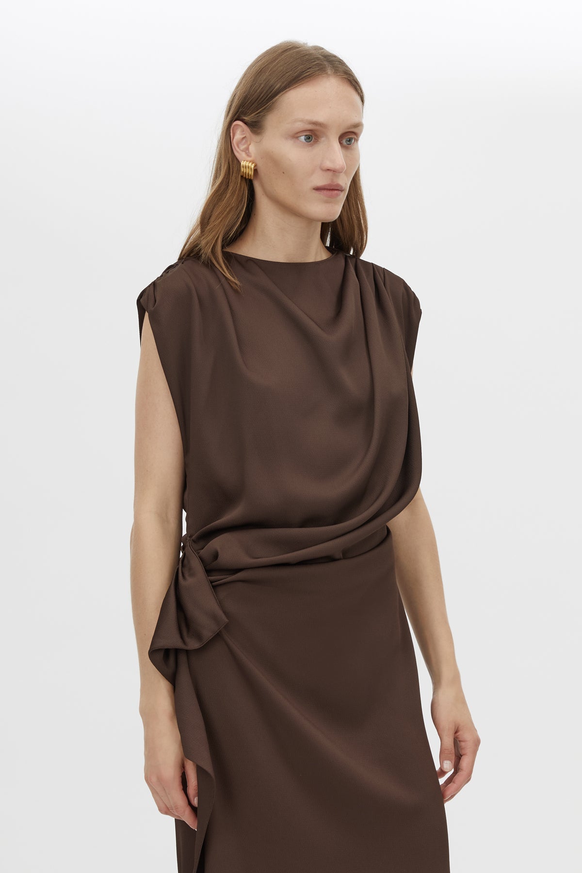 Cropped view CAMILLA AND MARC Elowyn Midi Dress in Espresso Brown with draped detailing.