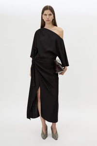 Front view CAMILLA AND MARC Elsen Off Shoulder Midi Dress in Black with asymmetric neckline.