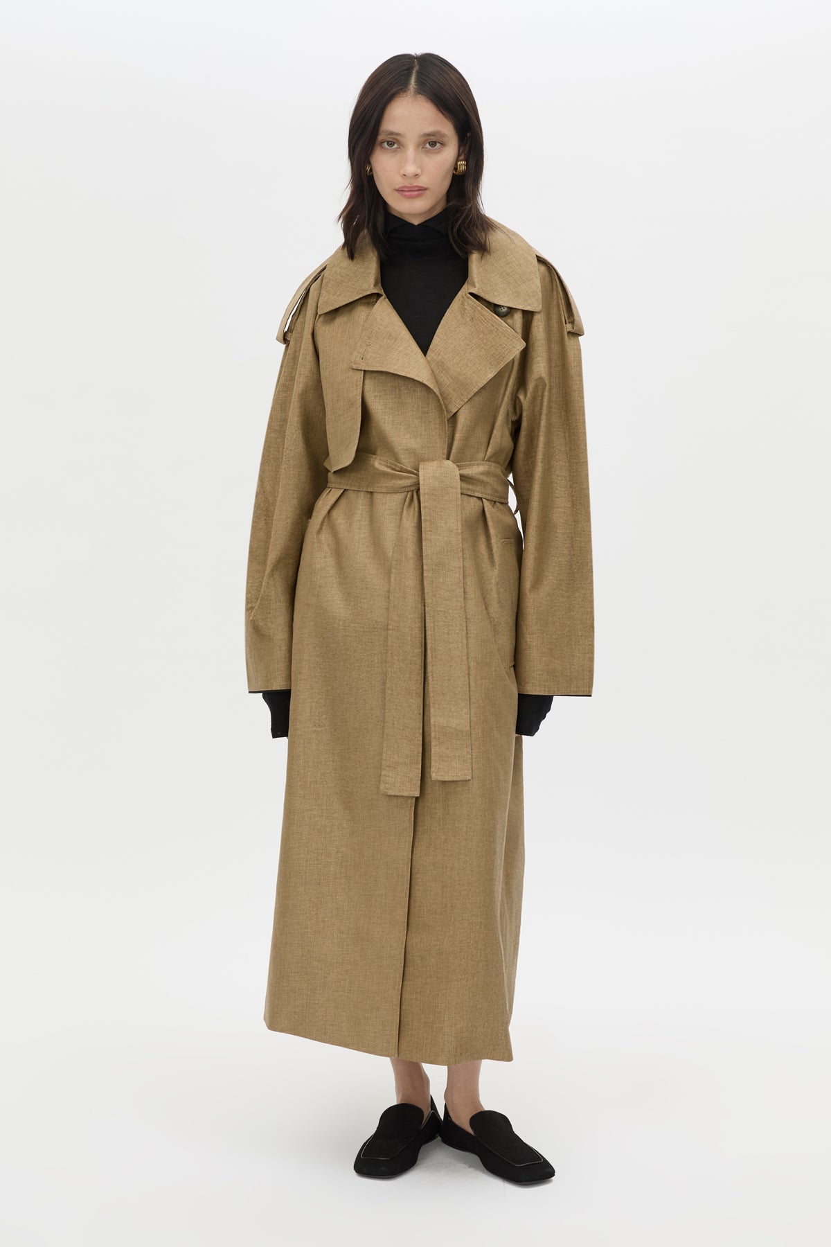 Front View - CAMILLA AND MARC Ember trench coat Camel with contrast undercollar and sleeve detailing.