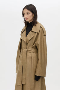 Detail View - CAMILLA AND MARC Ember camel oversized trench coat with contrast undercollar and sleeve detailing.