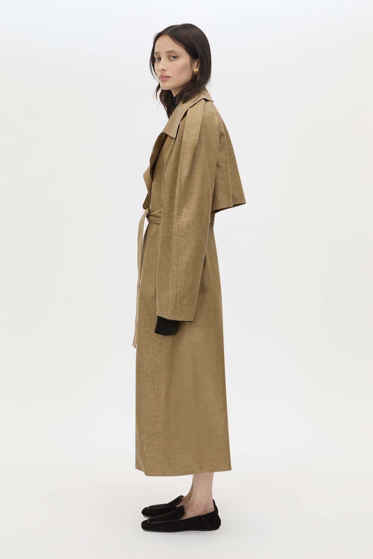 Side View - CAMILLA AND MARC Ember camel oversized trench coat with contrast undercollar and sleeve detailing.