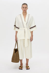 Front view CAMILLA AND MARC relaxed Enna Robe in stone with embroidery detail.