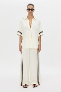 Front view CAMILLA AND MARC relaxed Enna Shirt in stone with embroidery detail.