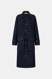 Ghost view CAMILLA AND MARC Enzo Denim Coat in Indigo Blue with a contrast leather collar and dual‑entry patch pockets.