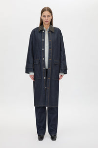 Front view CAMILLA AND MARC Enzo Denim Coat in Indigo Blue with a contrast leather collar and dual‑entry patch pockets.