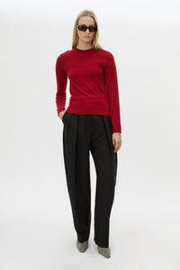 Front view CAMILLA AND MARC Esme Knit Sweater in Cherry Red with crew neckline, ribbed trims and single‑jersey knit.