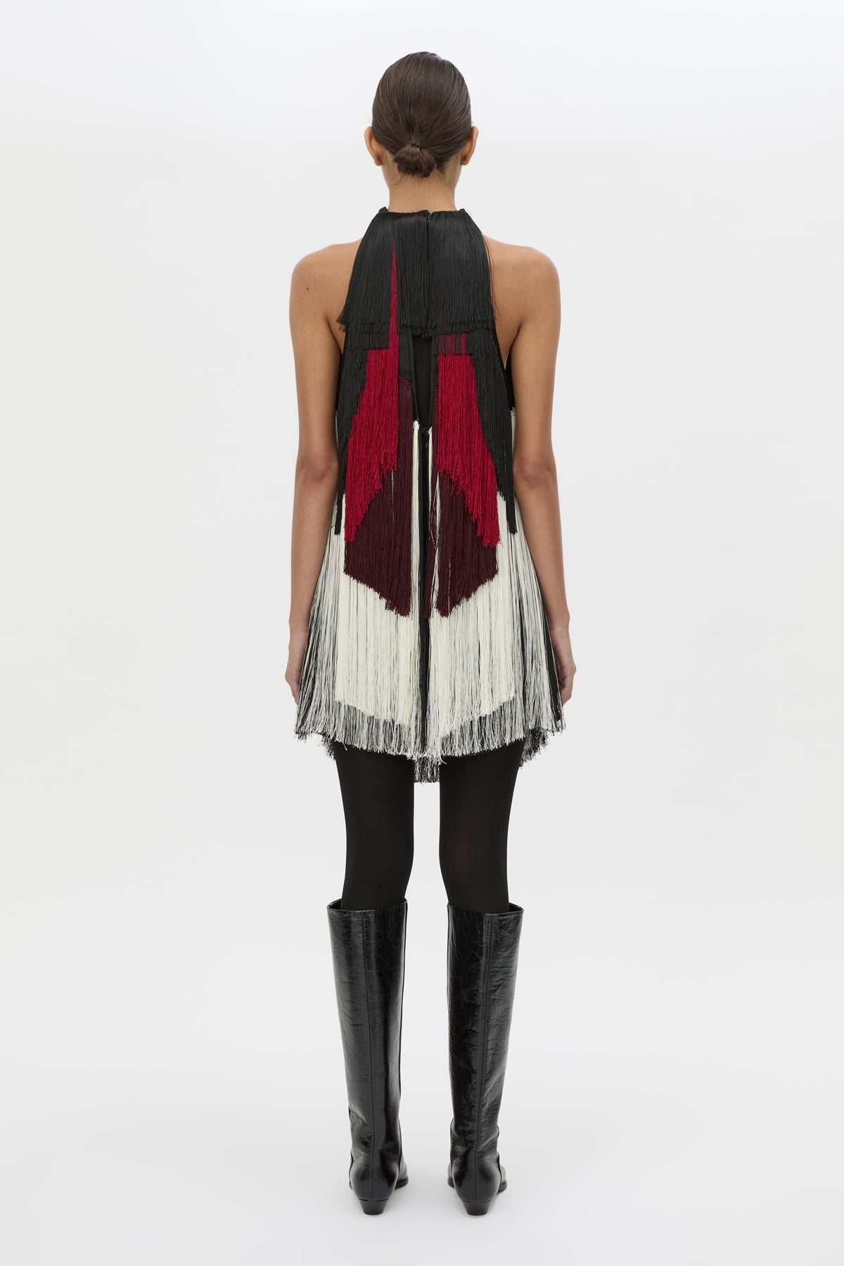 Back view CAMILLA AND MARC Evara Fringe Mini Dress with multicoloured layered satin fringe and high neckline.