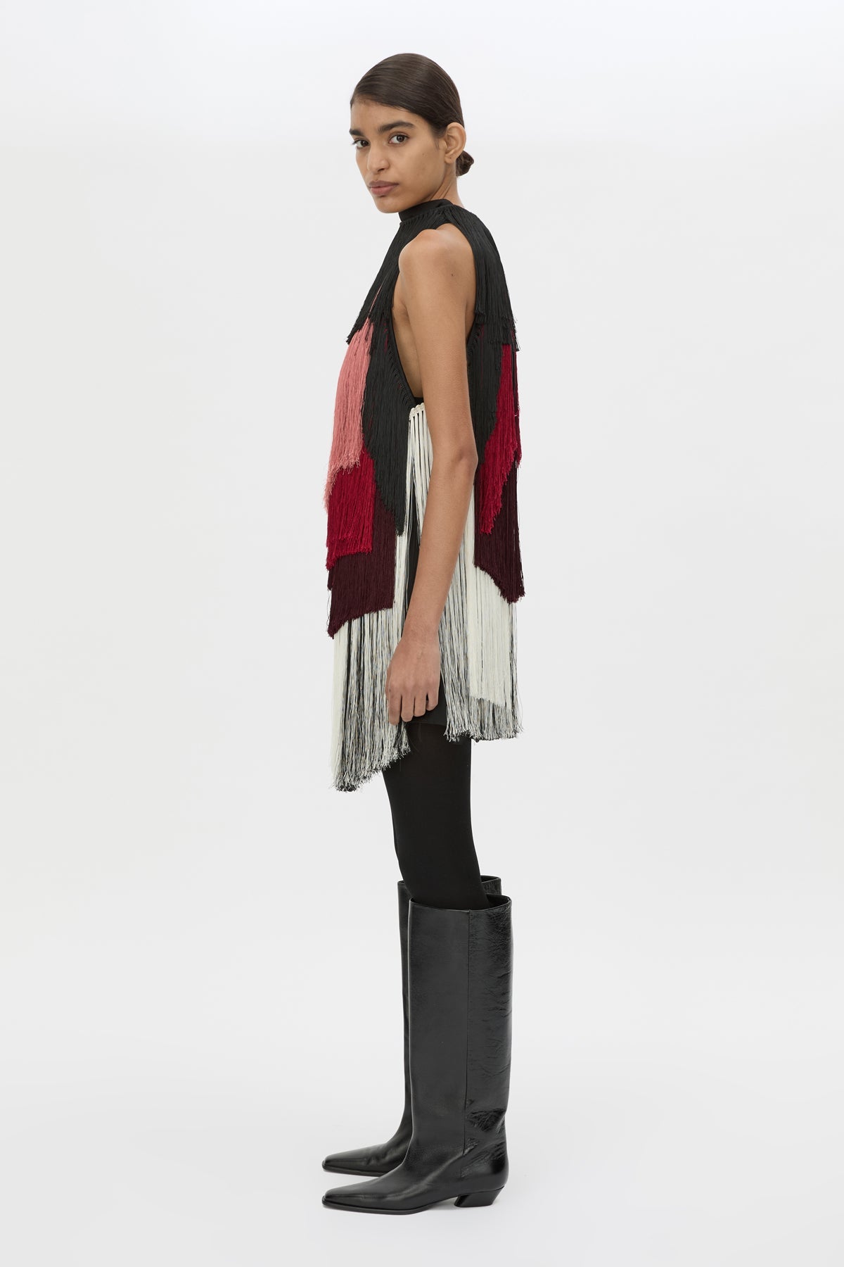 Side view CAMILLA AND MARC Evara Fringe Mini Dress with multicoloured layered satin fringe and high neckline.