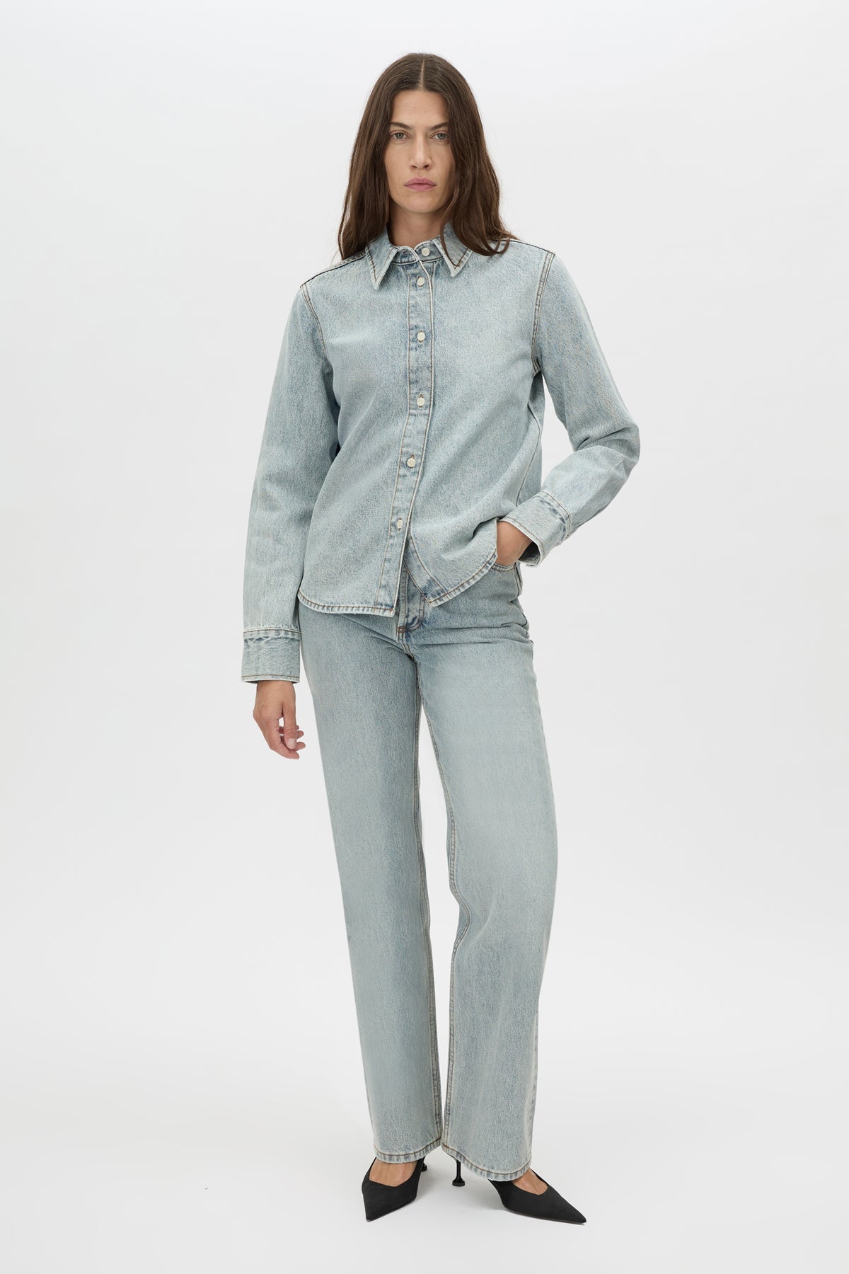 Front view CAMILLA AND MARC Faye Denim Shirt in Vintage Blue with fitted silhouette, long sleeves and stitch detailing.