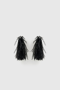 Front view CAMILLA AND MARC Friesian Feather Earrings in Black featuring sculptural soft‑spike hoops fitted with black faux ostrich feathers.