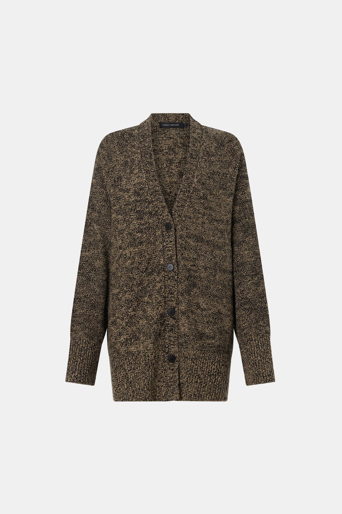Ghost view CAMILLA AND MARC Hal Knit Boyfriend Cardigan in honey black with V neck and button front.