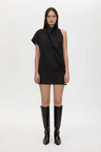 Front view CAMILLA AND MARC Huxley Draped Mini Dress in Black styled with the Rowan Knee High Boot.