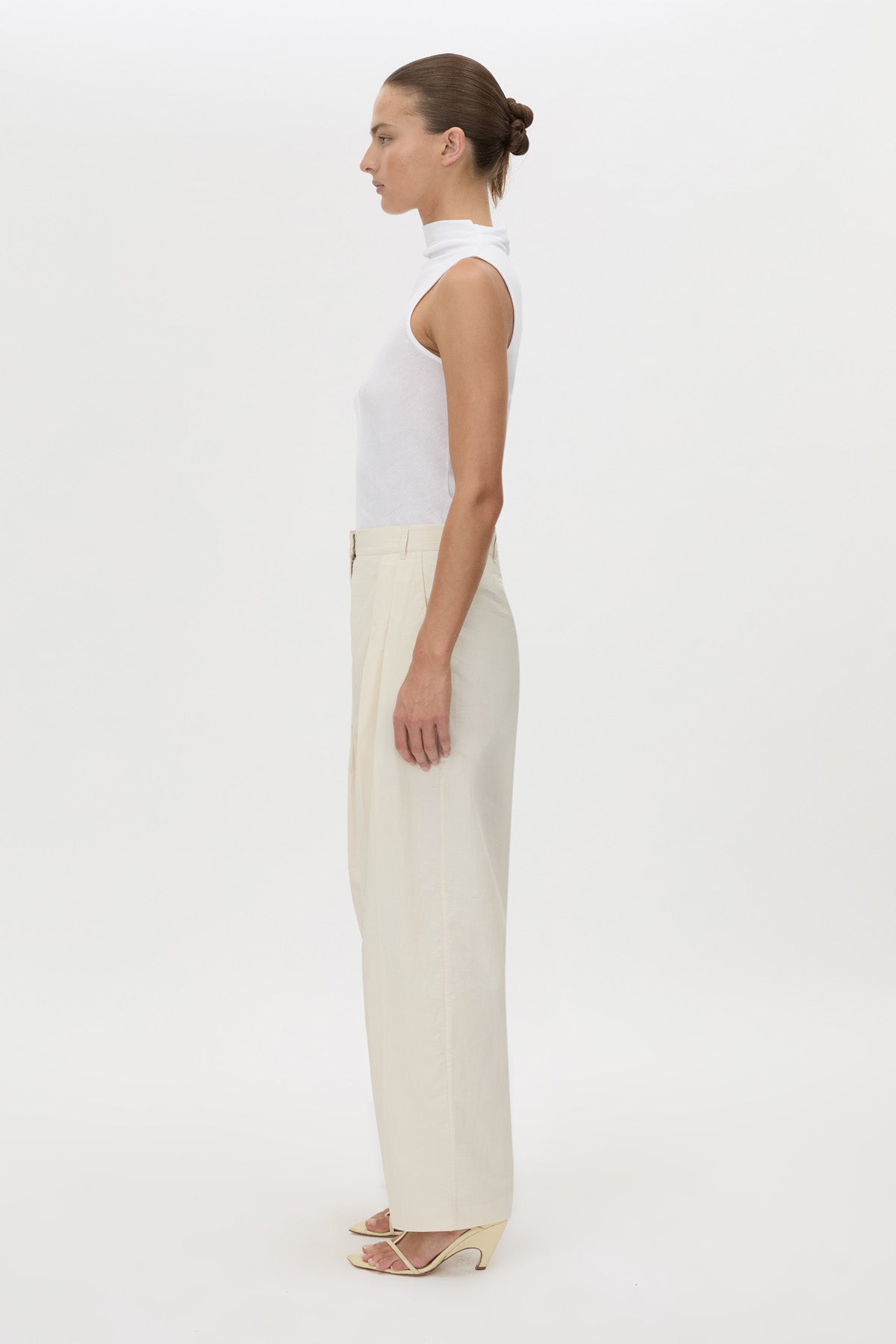 Side view CAMILLA AND MARC Inca Wide Leg Tailored Pant in ivory with a mid‑rise fit.