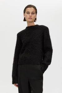 Cropped view CAMILLA AND MARC Ines Knit Sweater in Black with brushed knit texture and ribbed crew neckline.