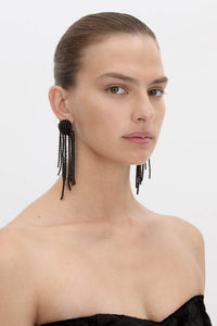 Side view CAMILLA AND MARC Irida Drop Earrings in black with glossy beaded drop design.
