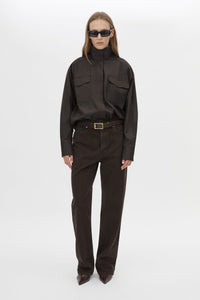 Front view CAMILLA AND MARC Java Shirt in Espresso Brown with funnel neck, button‑up front and long sleeves. 