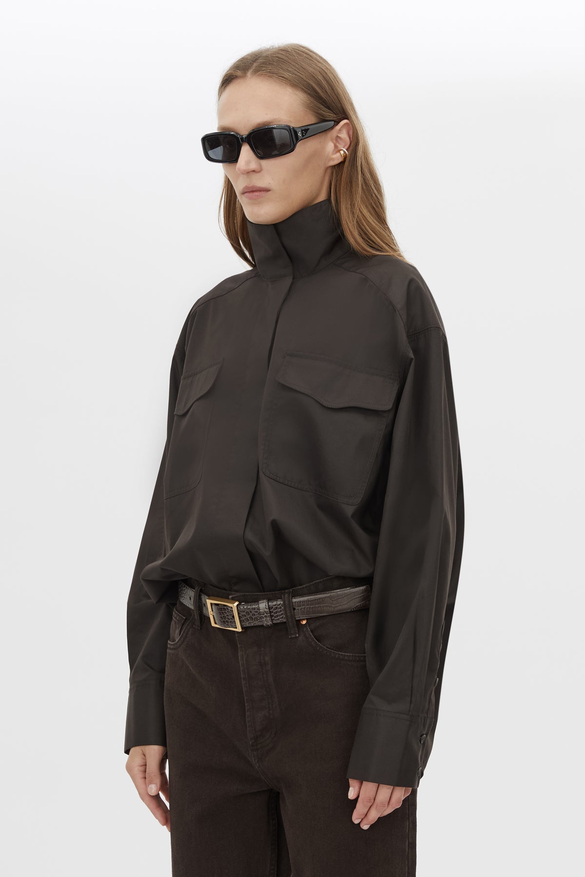 Cropped view CAMILLA AND MARC Java Shirt in Espresso Brown with funnel neck, button‑up front and long sleeves.  