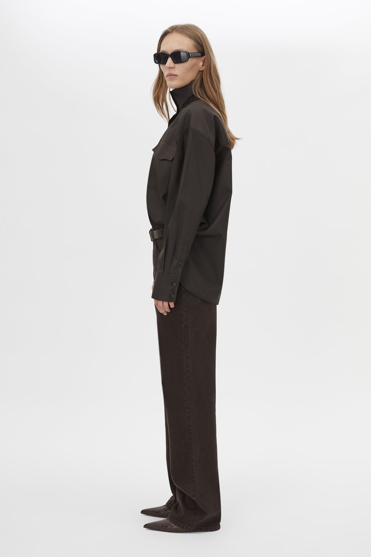 Side view CAMILLA AND MARC Java Shirt in Espresso Brown with funnel neck, button‑up front and long sleeves.  