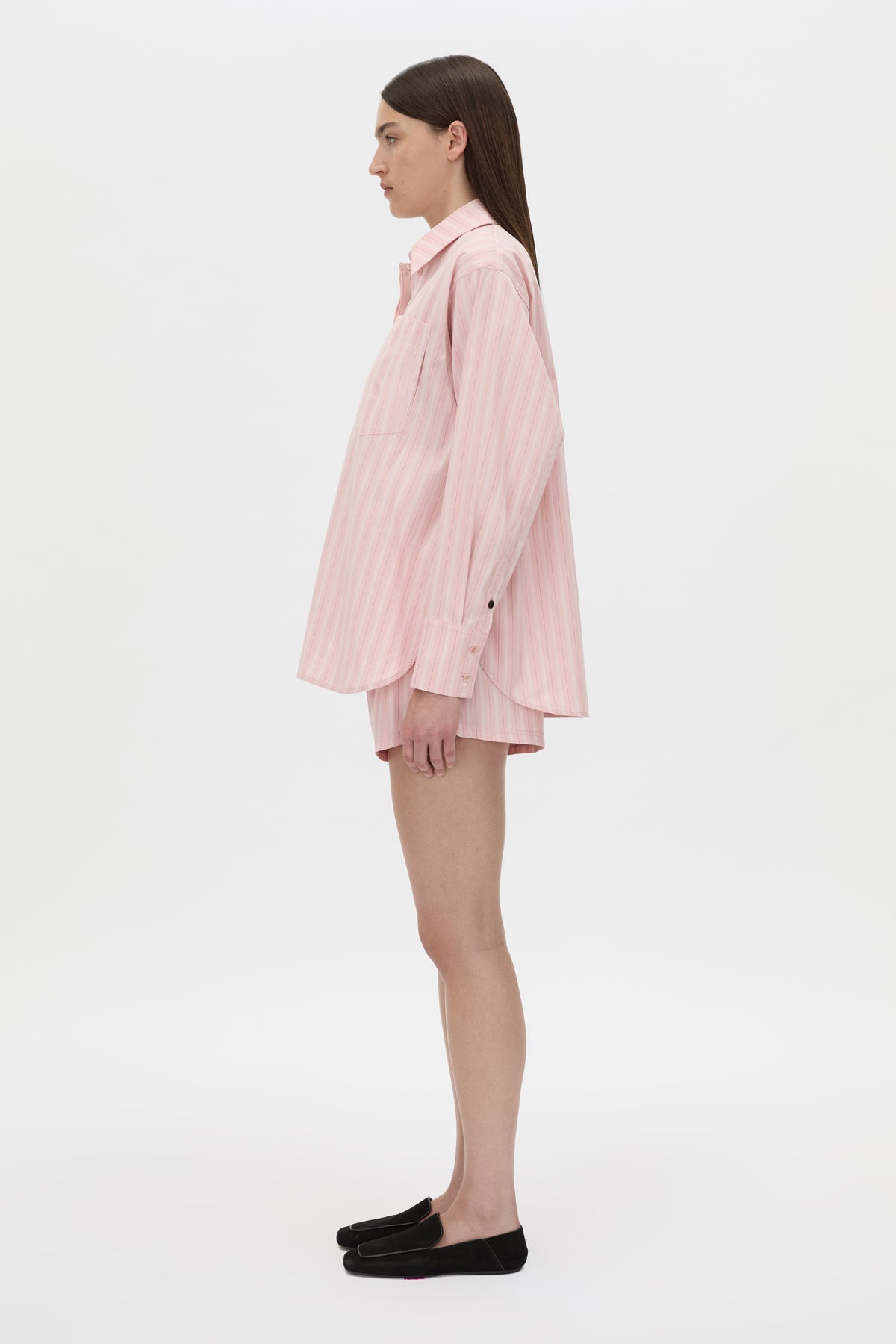 Side view CAMILLA AND MARC Jenie stripe shirt in light rose stripe.