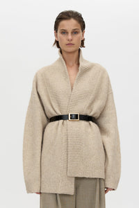 Cropped view CAMILLA AND MARC Leonie Knit Cardigan in Oatmeal Marle with wrap closure and waist tie.