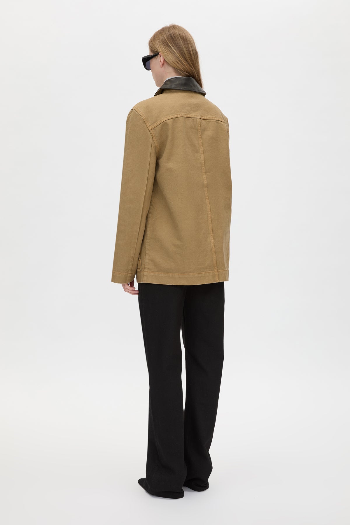 Back view CAMILLA AND MARC Luca Utility Jacket in Camel Brown with a contrast leather collar.