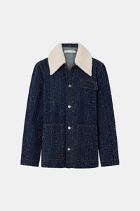 Ghost view CAMILLA AND MARC Luca Denim Utility Jacket in Indigo Neps with a detachable shearling collar.