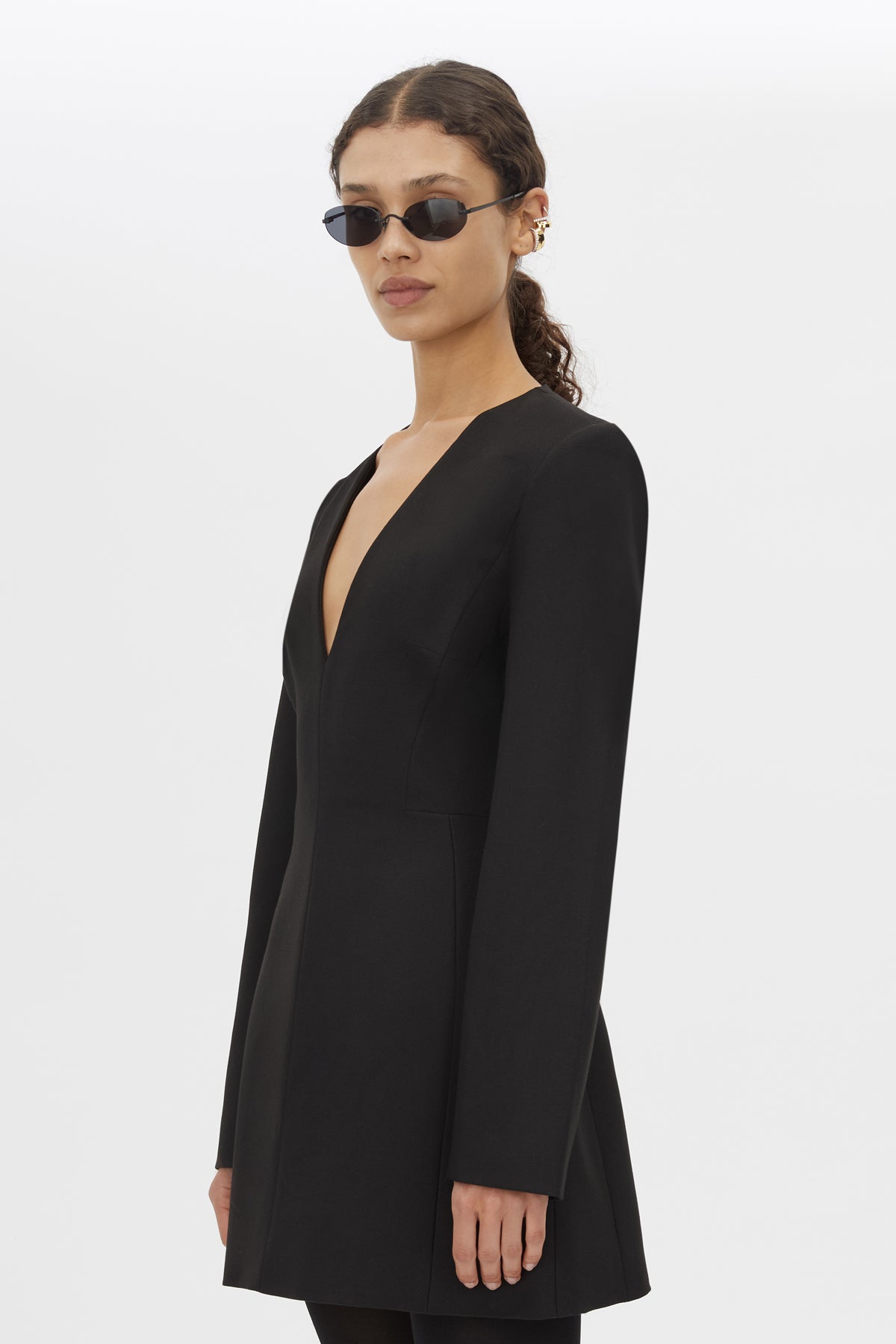 Cropped view CAMILLA AND MARC Mackinley Mini Dress in Black with long sleeves and plunge V‑neckline.