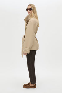 Side view CAMILLA AND MARC Mahdavi Puffer Jacket in Tan with boxy silhouette and double‑breasted design.