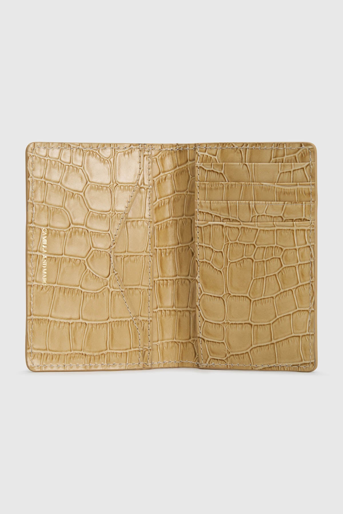Styled view CAMILLA AND MARC Mette Croc Card Wallet in mustard croc‑embossed leather.