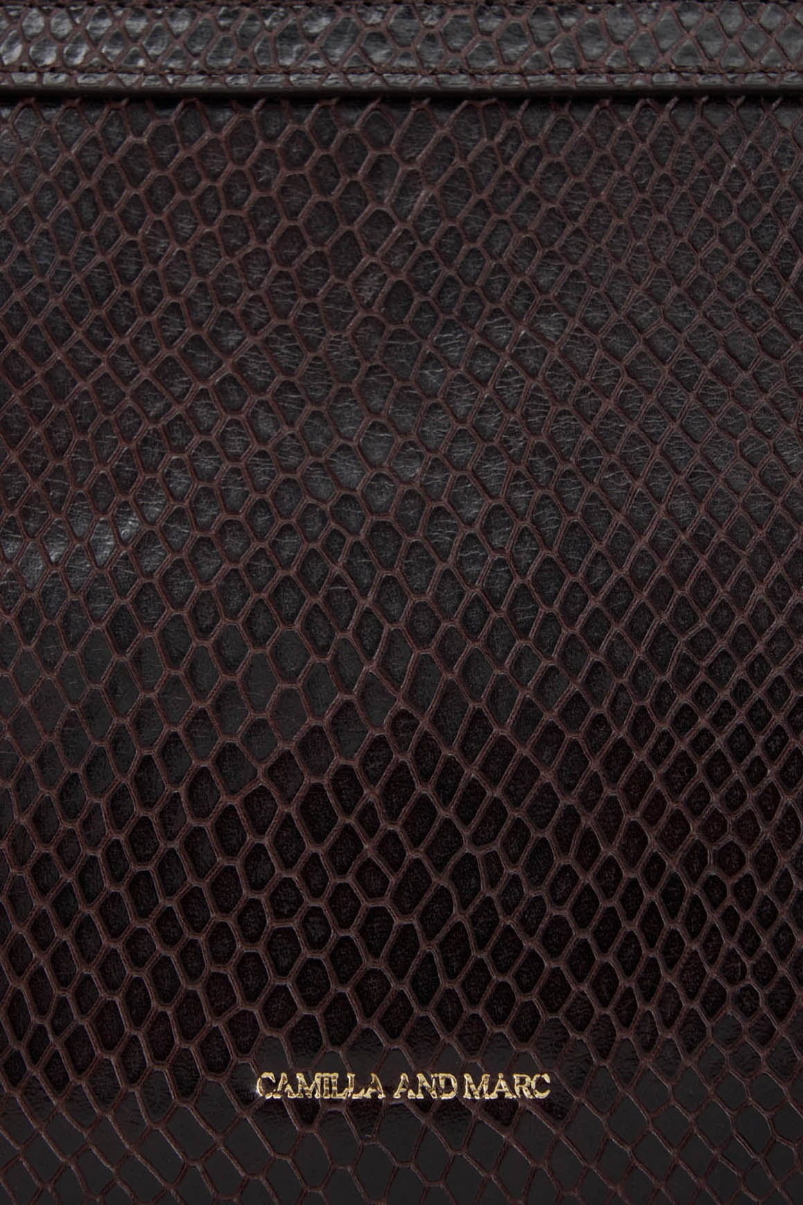 Cropped view CAMILLA AND MARC Mette Mini Snake Bag in chocolate snake‑textured leather.