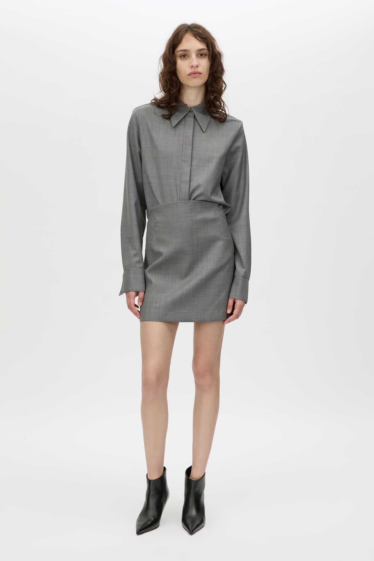 Front styled view CAMILLA AND MARC Meyer Shirt in Charcoal with a long‑sleeve tailored cut and man‑style collar.