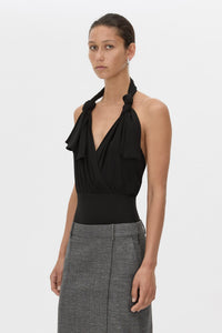 Cropped view CAMILLA AND MARC Myro Bodysuit in black with a knotted wrap cowl neckline.