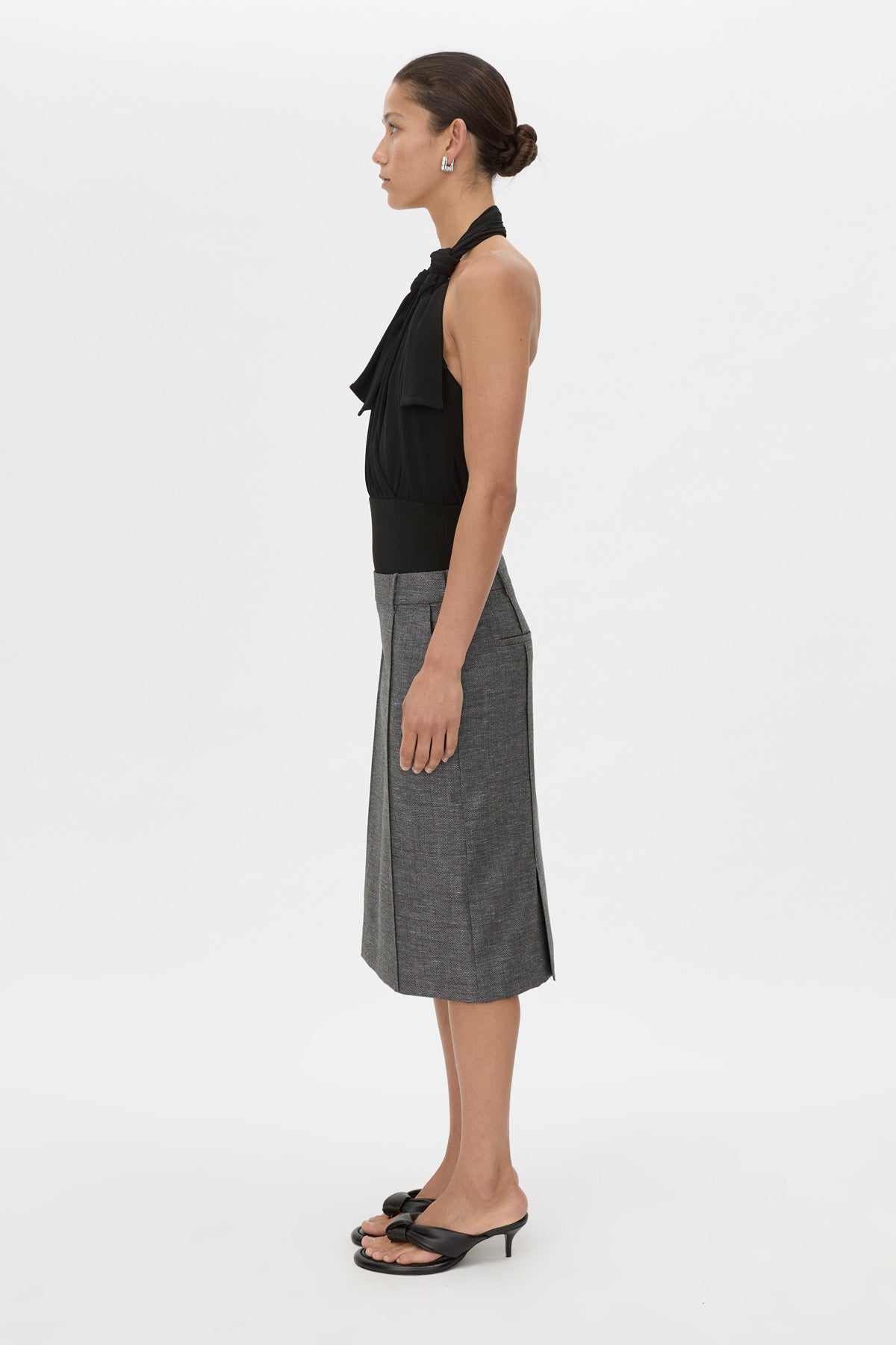 Side view CAMILLA AND MARC Myro Bodysuit in black with a knotted wrap cowl neckline.
