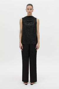 Front-styled view CAMILLA AND MARC Naidee Satin Sleeveless Top in black with sleeveless shell design in satin fabrication.