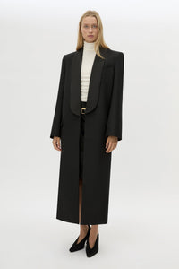 Front styled view CAMILLA AND MARC Natalini Coat in Black with contrast satin shawl collar.