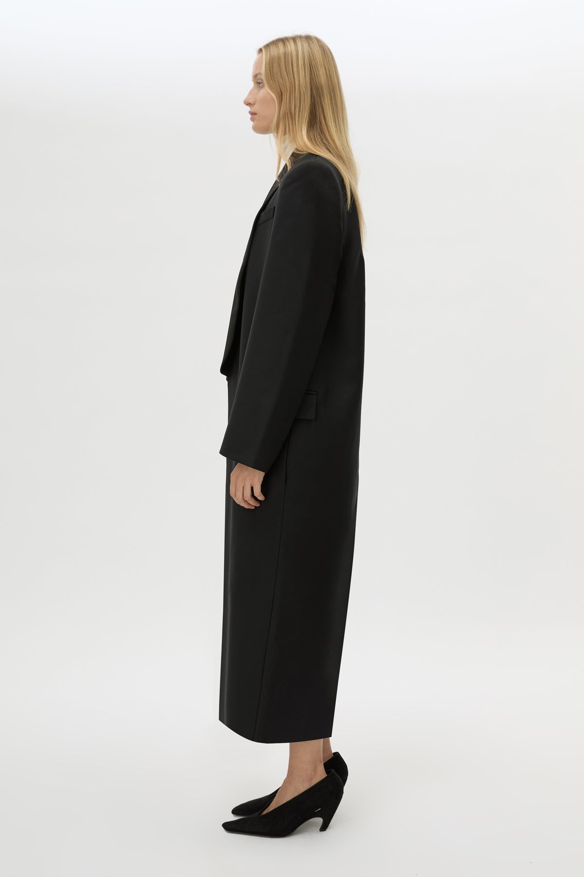 Side view CAMILLA AND MARC Natalini Coat in Black with contrast satin shawl collar.