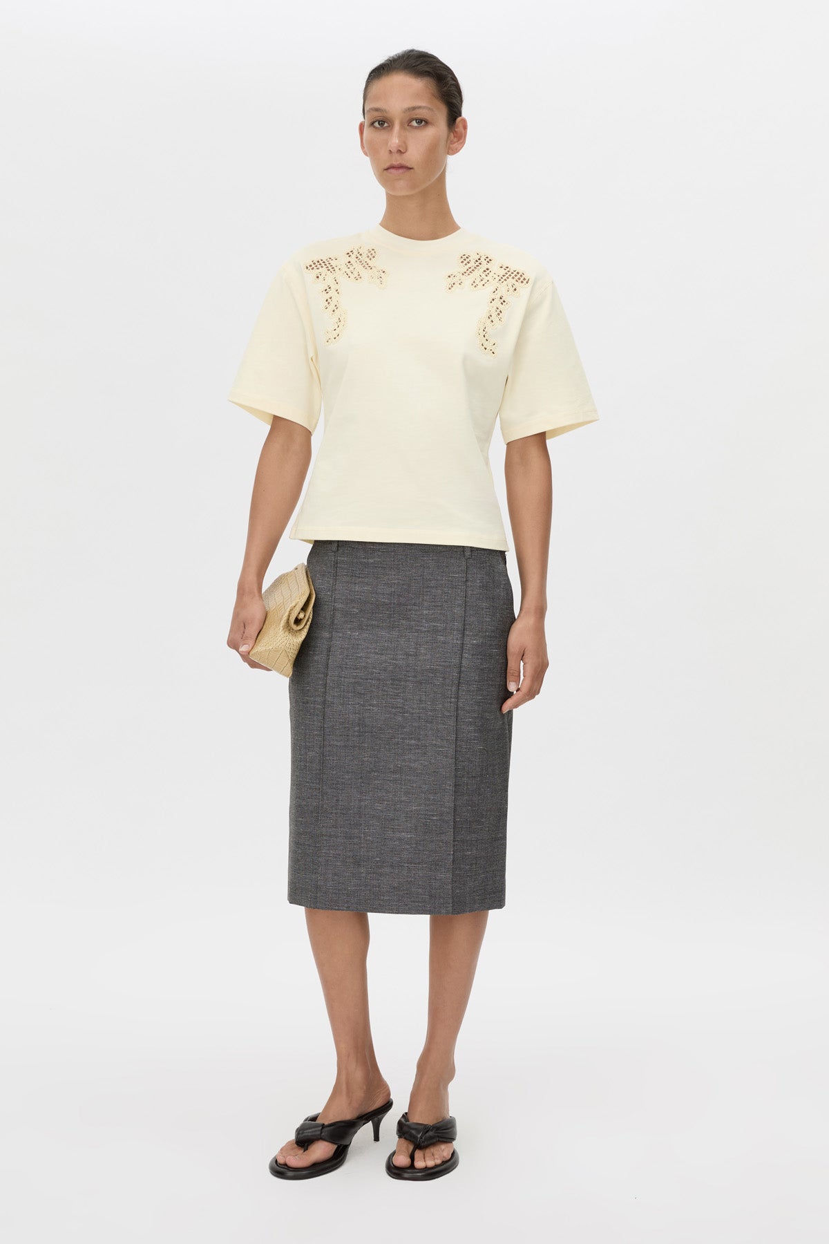 Front-styled view CAMILLA AND MARC Niami Crochet Tee in cream with crochet detailing at the shoulder.