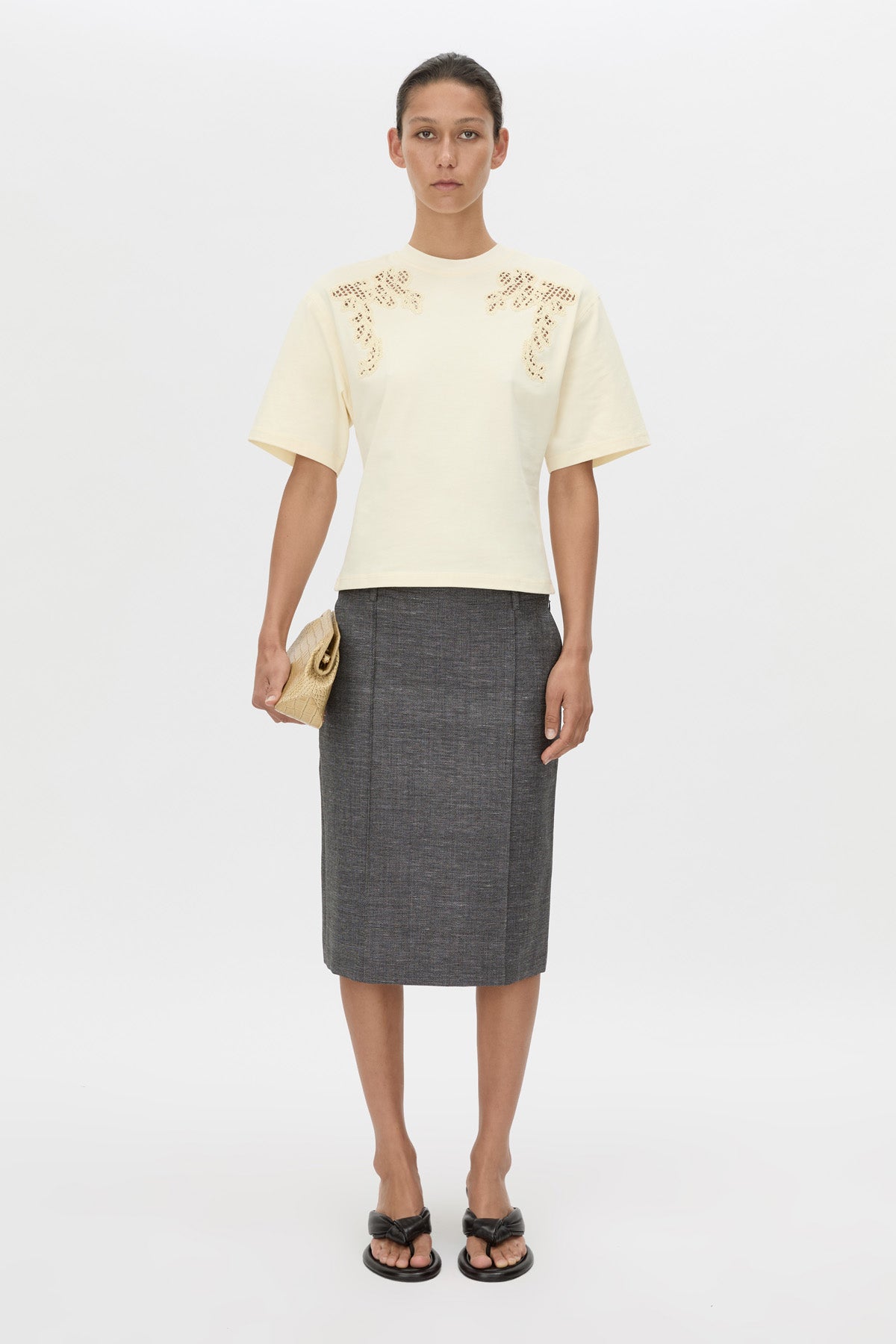 Front view CAMILLA AND MARC Niami Crochet Tee in cream with crochet detailing at the shoulder.