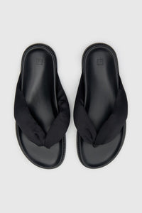 Top view CAMILLA AND MARC Nina Slide Sandal in Black with padded satin straps.